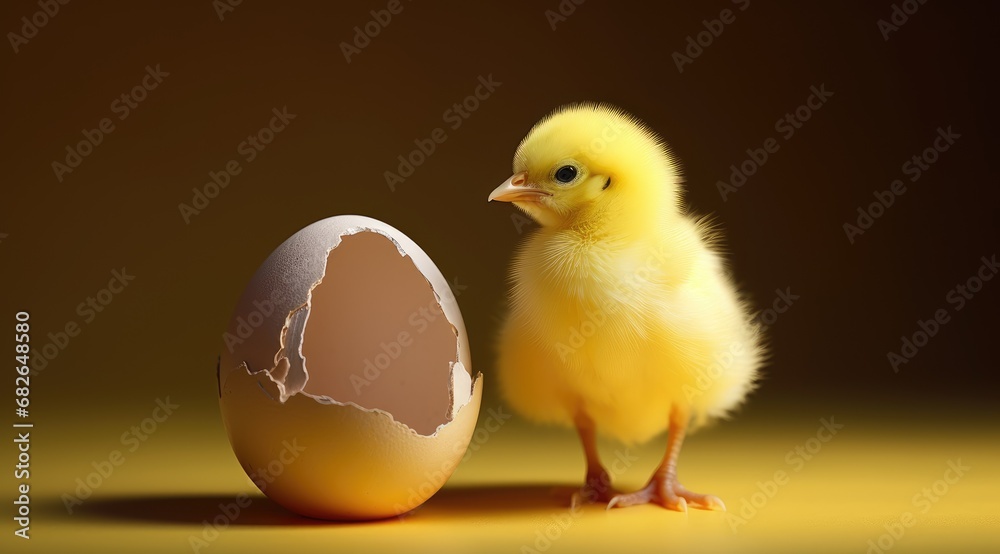 Yellow chicken hatching from egg. Generative AI Yellow chicken hatching from egg. Generative AI