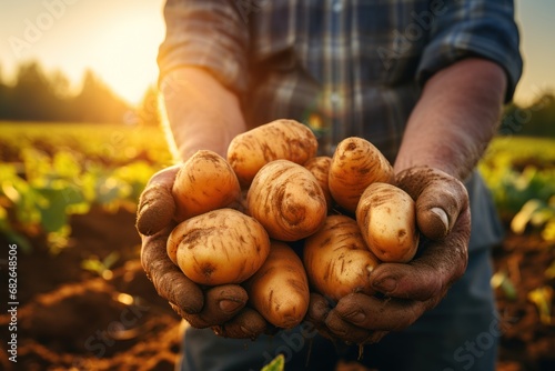 The hands of a farmer checking the potatoes in the field.