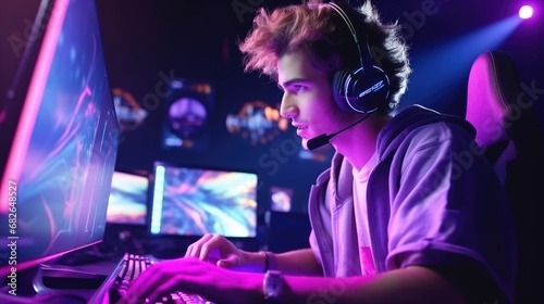 ro gamer streamer wearing headphones and eyeglasses playing online computer game in his neon lights game studio © Rstm
