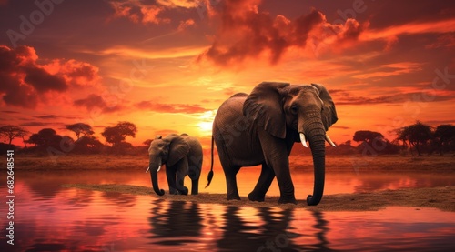 Family of elephants walking through the savana at sunset. Amazing African wildlife. Generative AI