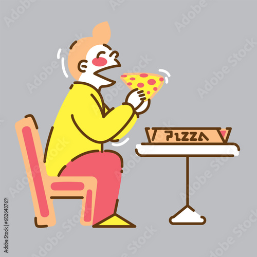 a man sitting in front of a table happily eating pizza