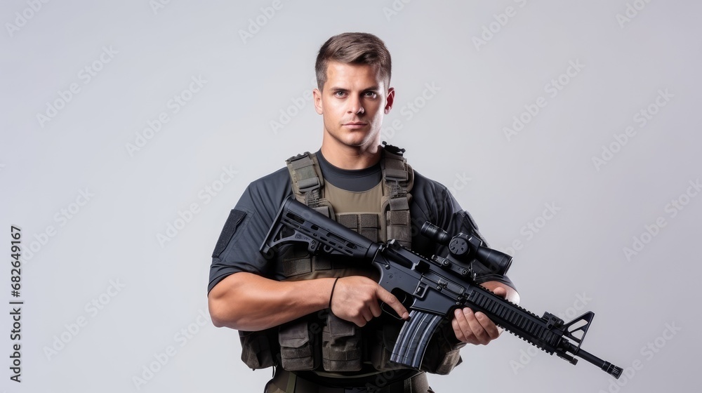 Portrait of army soldier carrying rifle standing Portrait of army soldier carrying rifle standing