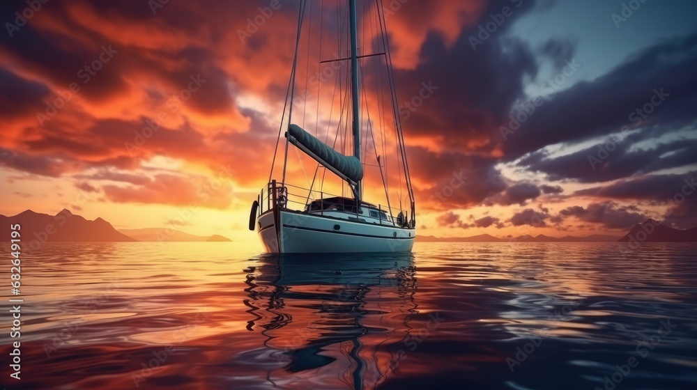 Fototapeta premium Wooden deck and railing from cruise ship. Beautiful sunset and ocean view.