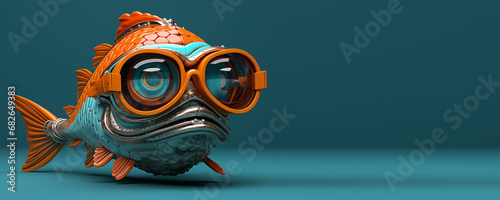 3d rendered image with fish's head and large orange glasses