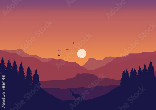 mountains and deer panorama. Vector landscape illustration.