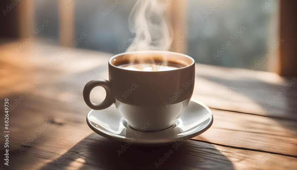 Top view a cup of hot coffee with steaming above the cup setting on table 