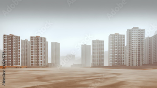 Construction project in overpopulated country  built in the middle of the desert  dull and dusty. Newly built city with skyscrapers that all look the same. Uninhabited modern ghost city.