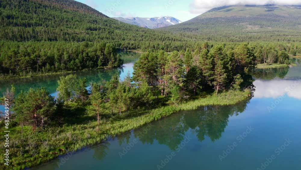 Glacier fed crystal clear lakes of Norway as seen from above
