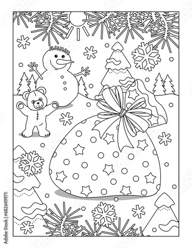 Winter holidays joy coloring page with Santa's sack full of presents, snowman, teddy bear, outdoor scene
