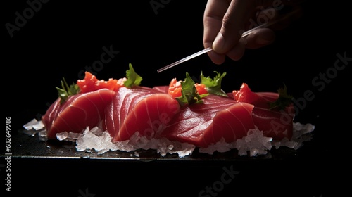 an image of a pair of chopsticks picking up a piece of tuna sashimi