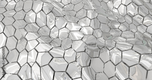 Abstract metallic silver chrome shiny cells hexagons with waves background © Bolbik