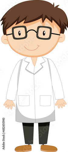 Cute Male Scientist Cartoon Character in Gown and Glasses