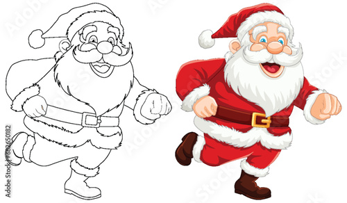 Cheerful Santa Claus Cartoon Character Running with Outline
