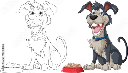 Excited Cartoon Dog Sitting in Front of Food