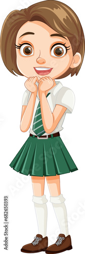 Smiling Cartoon Girl Student in School Uniform