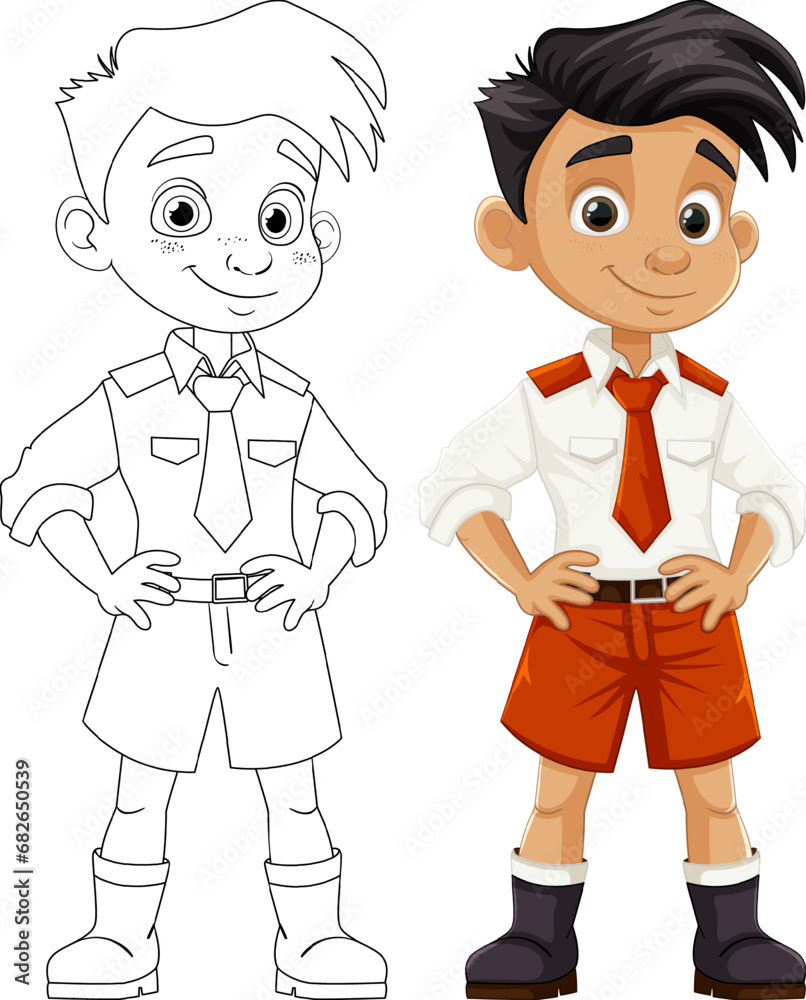 Cute Black Hair Boy in Officer Cartoon Uniform Cute Black Hair Boy in Officer Cartoon Uniform