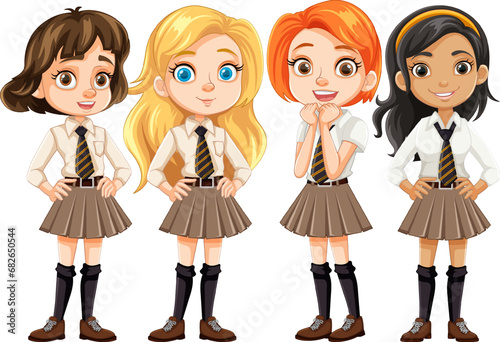 Beautiful Teen Students in School Uniform Cartoon