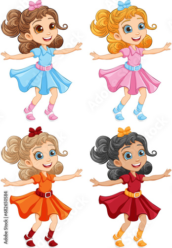 Four Happy Girls Dancing in Different Colored Dresses