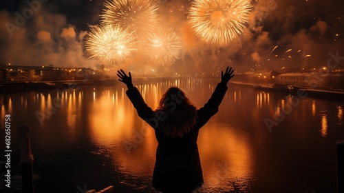 silhouette of woman with fireworks over the river