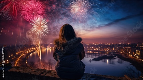 silhouette of woman with fireworks over the river © banthita166