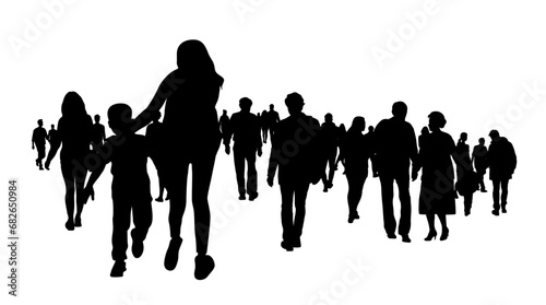 People walking on street silhouette, silhouettes of moving people crowd on street, man woman walking