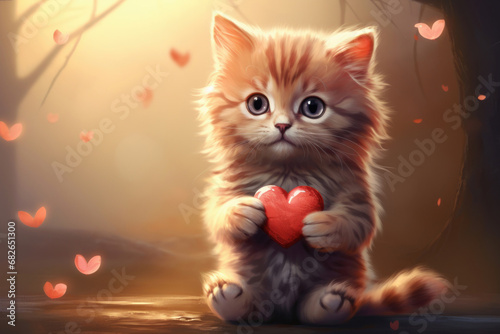 kitten holding heart in paws as gift. Concept of postcard for Valentine's Day