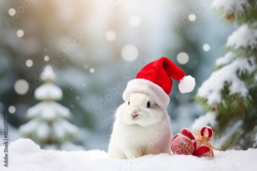 cute white rabbit in red Santa Claus hat with fabulous winter forest and falling snow on the background