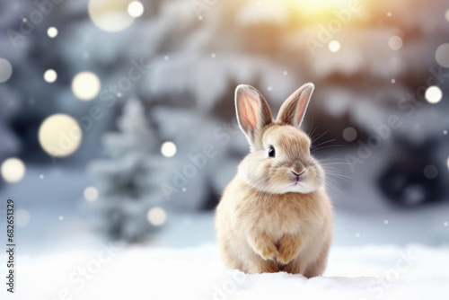 cute rabbit with fabulous winter snowy forest and bokeh on the background © alter_photo