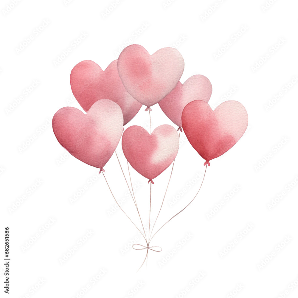 Watercolor illustration of pink heart shape balloons, Cute element, Valentine concept, Isolated on background.