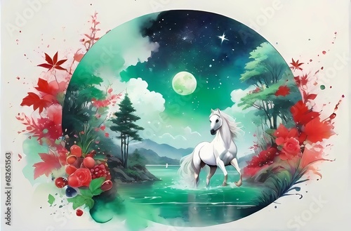 星空と赤い実と白馬のいる光景