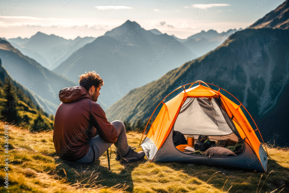 A hiker resting outside a tent on a mountain with stunning view - obrazy, fototapety, plakaty 