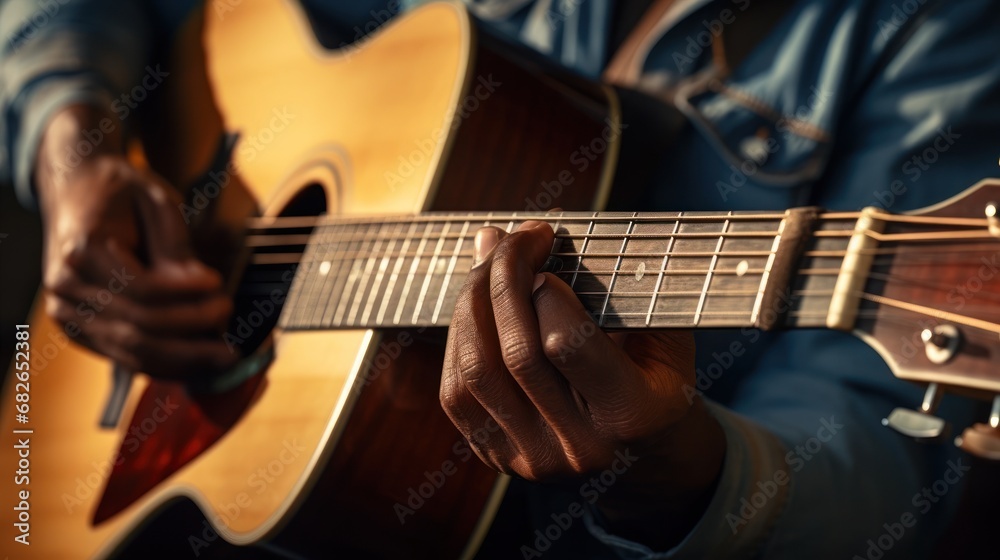 Male hands playing guitar in studio