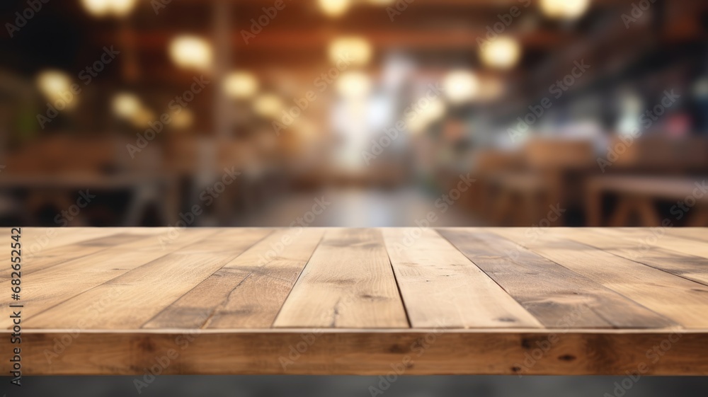The empty wooden table top with blur background of warehouse storage. Exuberant image. generative AI