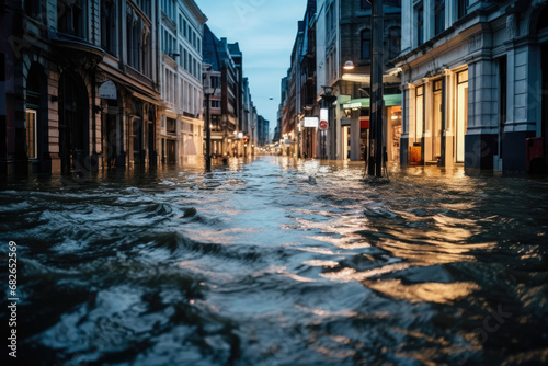 City street flooded with water, at evening photo