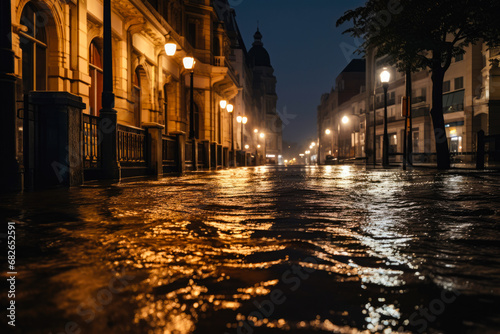 City street flooded with water at night