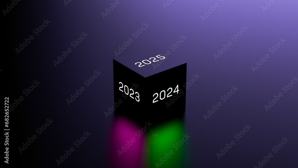 Cube with numbers 2023,2024,2025, year, plan, future. Calendar year