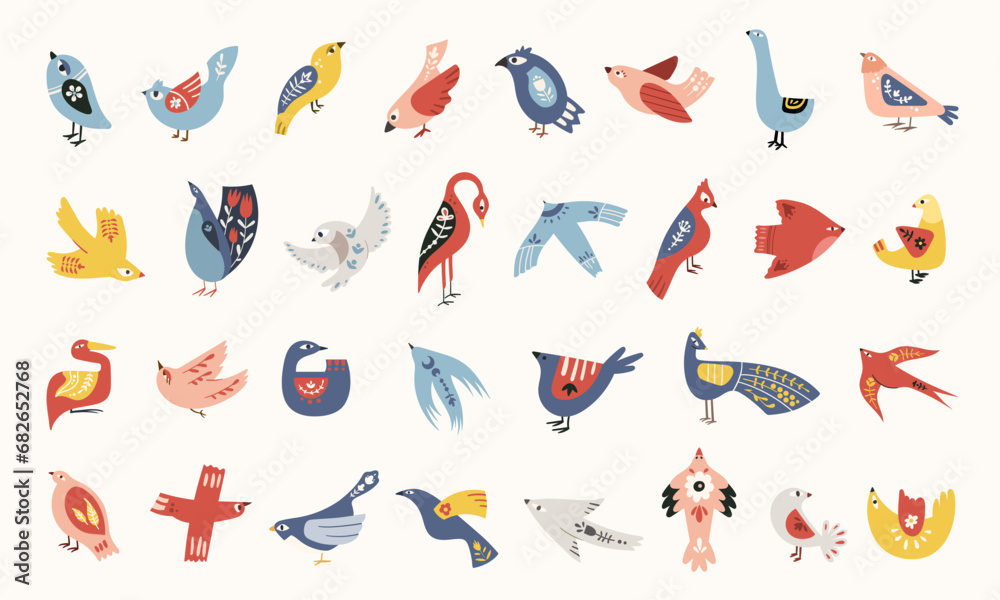 Folk art clip arts vector set in Scandinavian and Nordic style, hygge birds and moth isolated designs on white. Collection of classic ethnic elements. Funny scandi folk motifs in blue and red colors - obrazy, fototapety, plakaty 
