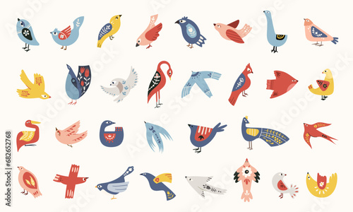 Folk art clip arts vector set in Scandinavian and Nordic style, hygge birds and moth isolated designs on white. Collection of classic ethnic elements. Funny scandi folk motifs in blue and red colors