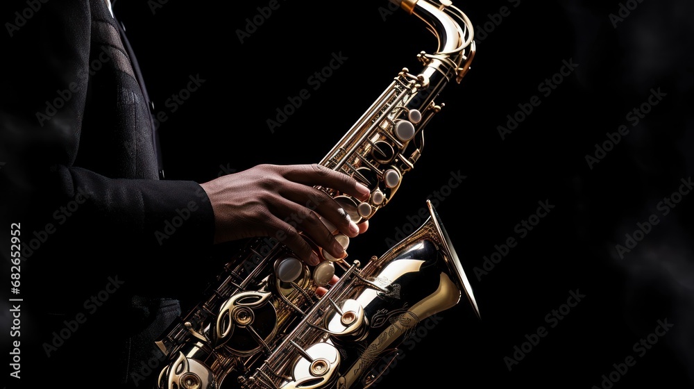 Obraz premium Close-up: A cool saxophonist wears a suit and performs an amazing solo. musician concept art