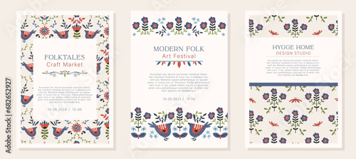 Folk vector set of invitations, flyers or advertising templates in Nordic style, hygge ready to use designs or prints. Symmetrical ethnic elements. The scandi folk motifs - snake, flowers, leaves