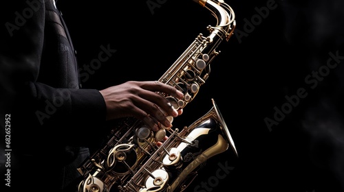 Close-up: A cool saxophonist wears a suit and performs an amazing solo. musician concept art