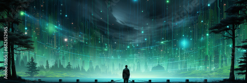 Wide banner image of an isolated man standing backward to the frame at the middle and looking at a futuristic buildings façade of an modern imaginative cyber technology city 