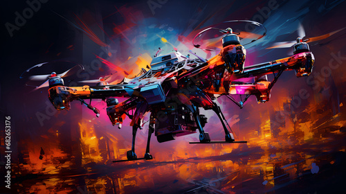 Red and black remote controlled flying over city with fire in the background. Flying drones, flycopter, created with Generative AI technology

