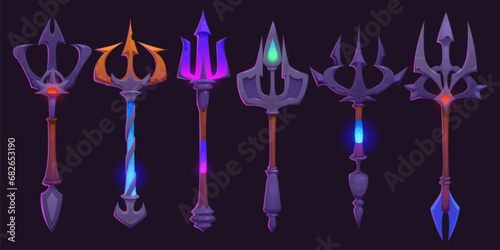 Magic trident staffs set isolated on black background. Vector cartoon illustration of wooden stick with iron weapon tip decorated with neon blue, green, pink gemstones, wizard tool, ancient instrument © klyaksun