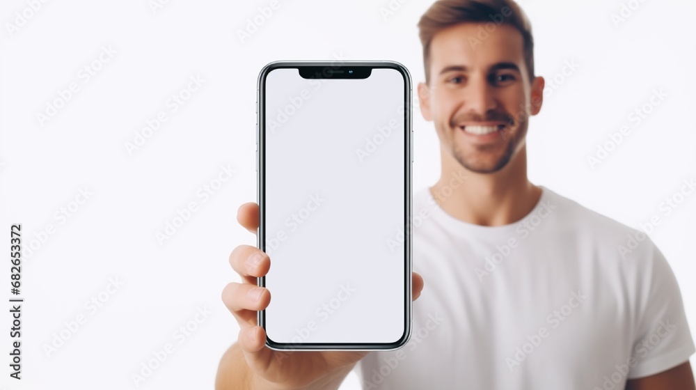 A cheerful young man wearing casual attire displays his smartphone while grinning. White screen mockup of a phone.