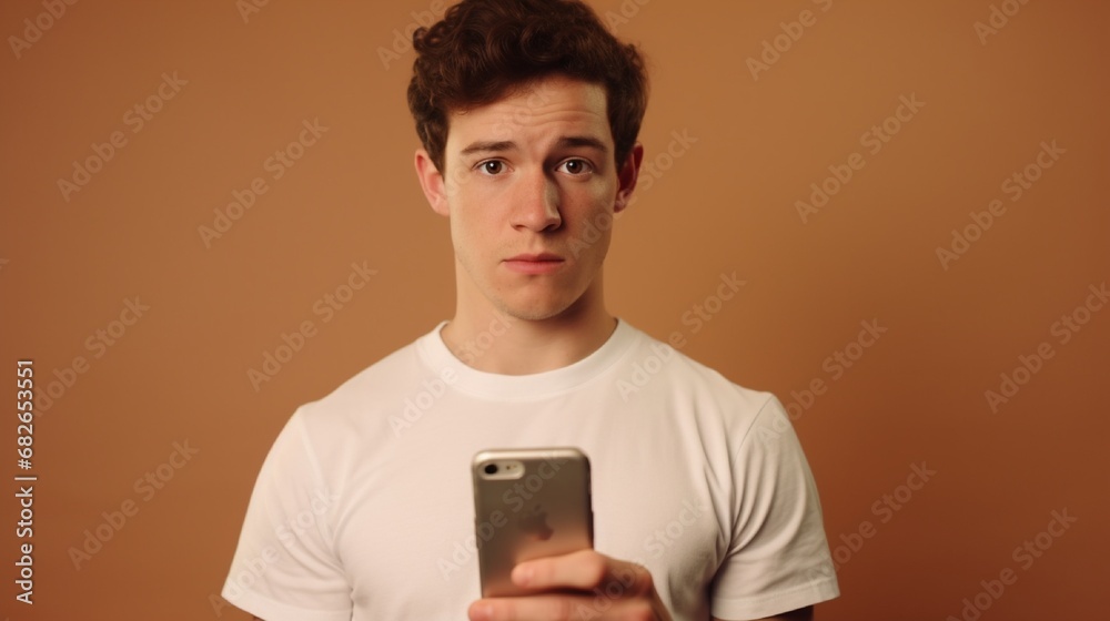 A close-up of a contented young man wearing a t-shirt with a blank mobile phone screen set against a beige background is shown. A close-up of a contented young man wearing a t-shirt with a blank mobile phone screen set against a beige background is shown.