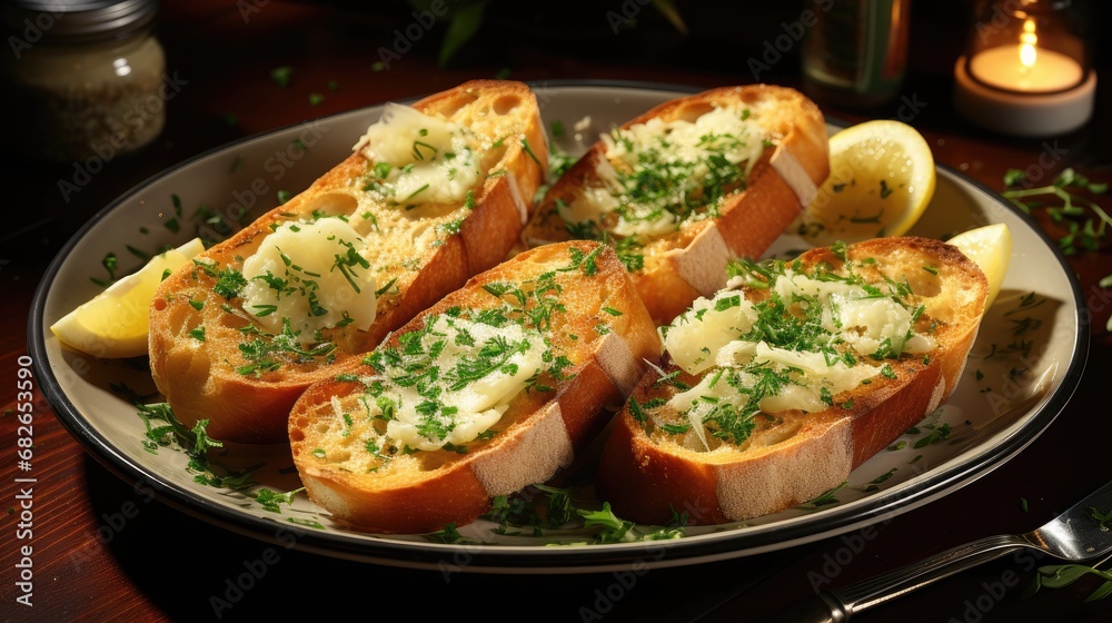 French garlic bread baguette warm slices spread with garlic butter snack