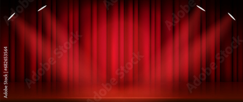 Theater or cinema stage with closed red curtain and soffit with spotlight. Realistic vector illustration of broadway show or movie ceremony fabric waved drapery on scene with light. Cloth background.