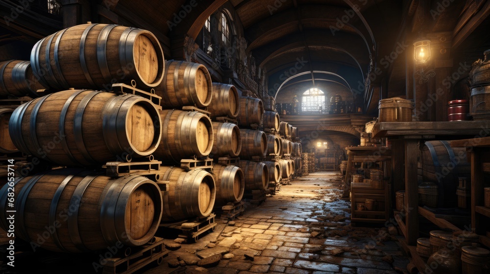 Wine cellar with wooden barrels of wine