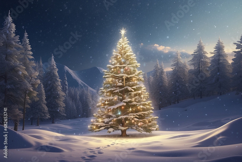 Christmas tree with snow, Christmas tree in the snow, Night view of Christmas tree, Christmas tree decoration, Christmas celebration, Christmas photo, X-mas, Holiday Celebration, X-mas